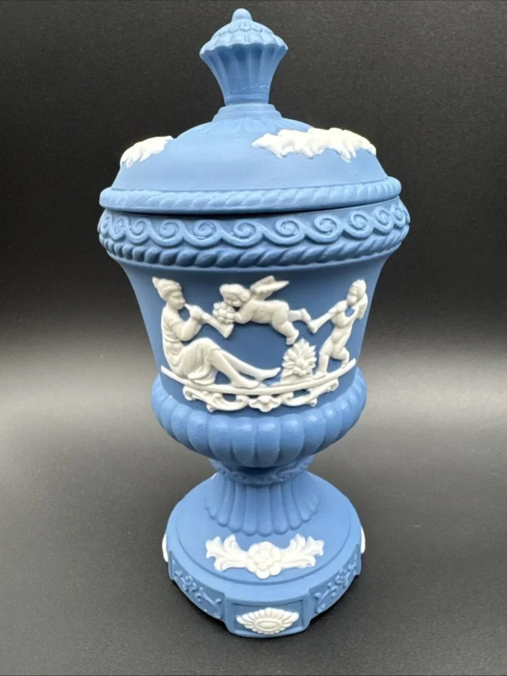 Vintage Blue Jasperware Style Ornate Cherub Floral Urn Apothecary 8”